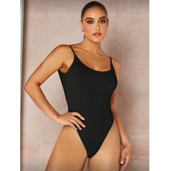 SHEIN Black Ribbed Low Back Thong Bodysuit Women’s Size Small EUC - Picture 2 of 7